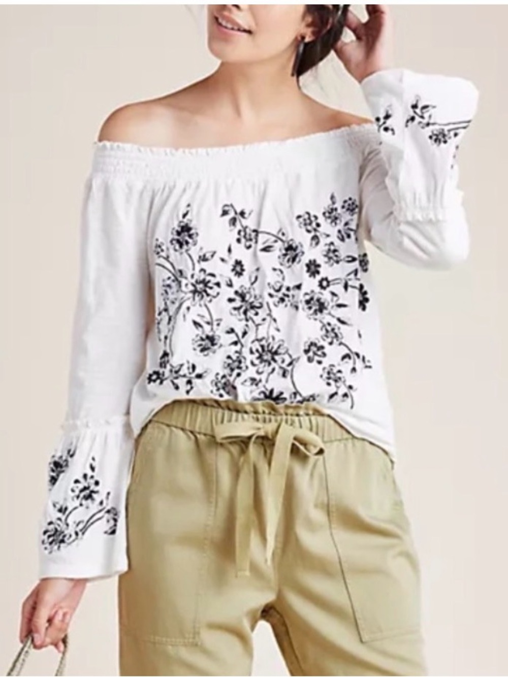 Anthropologie Off-Shoulder White Floral Embroidered Women's Top
